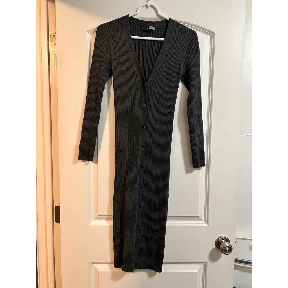 Alice Olivia Classics Ribbed Knit Long Sleeve Midi Button Front Dress Charcoal S